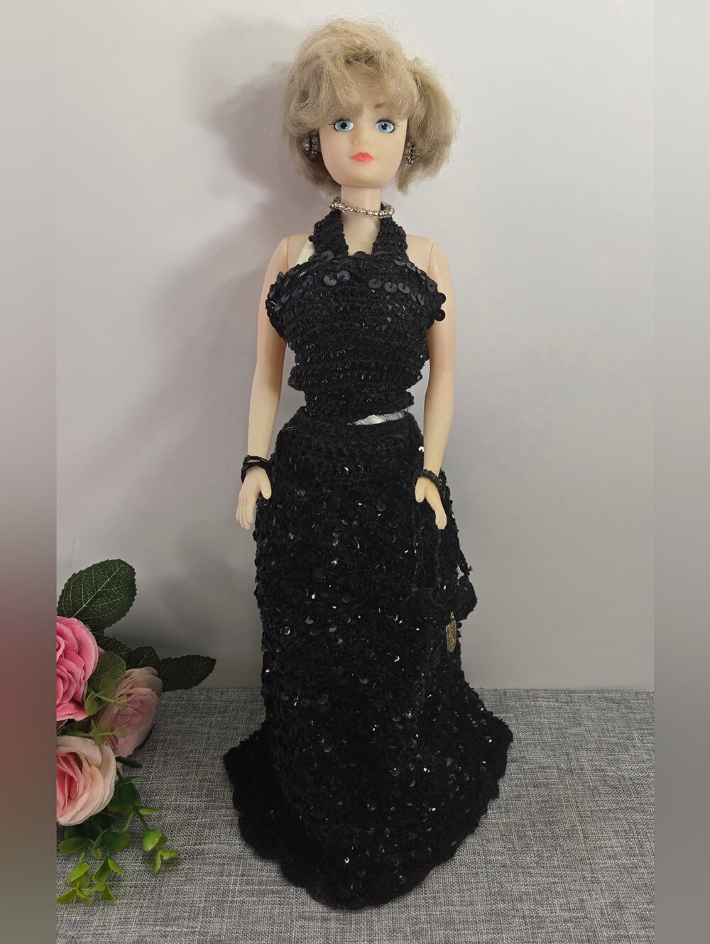 Vintage Princess Diana 17"‎ Craft Doll Handmade Crochet Black Sequin Dress 90s